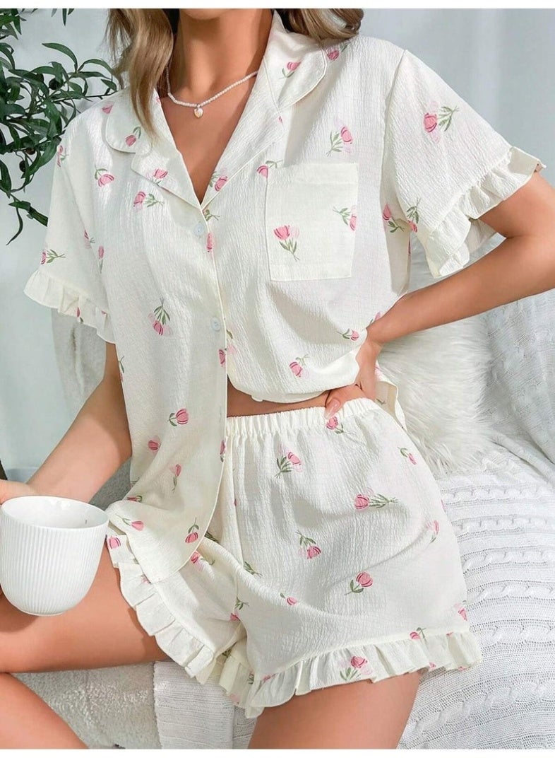 Bella Notte طقم بيجاما مزخرف بالأزهار مع كشكش - Image 4